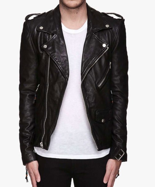 Men’s Belted Asymmetrical Motorcycle Black Leather Jacket - Image 4