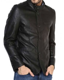Men’s Button Closure Casual Stand Up Collar Black Leather Blazer