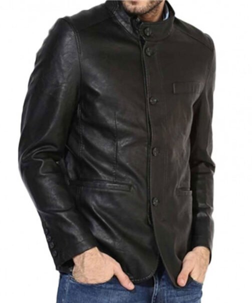 Men’s Button Closure Casual Stand Up Collar Black Leather Blazer