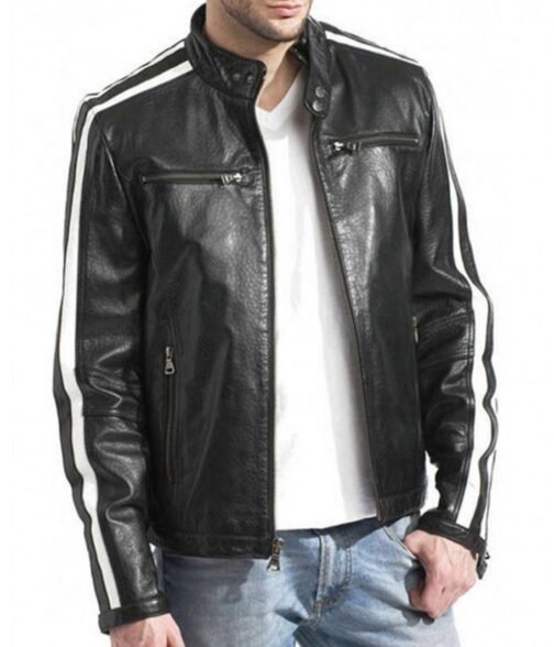 Biker Men’s White Stripes Black Leather Jacket - Image 3