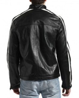 Biker Men’s White Stripes Black Leather Jacket