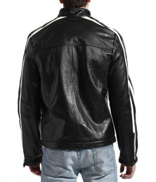 Biker Men’s White Stripes Black Leather Jacket - Image 2