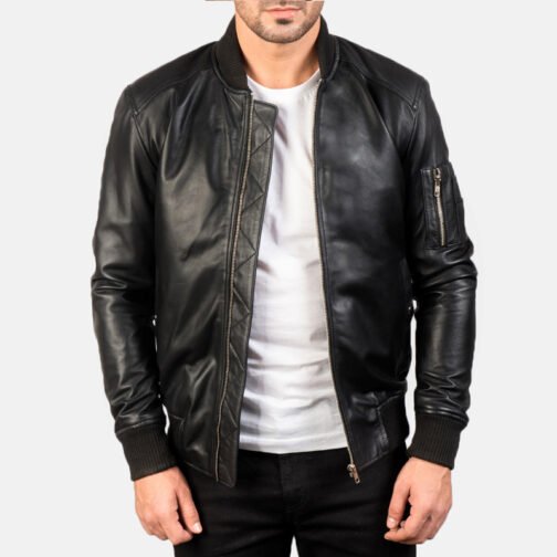 Bomber Black Leather MA-1 Jacket - Image 4