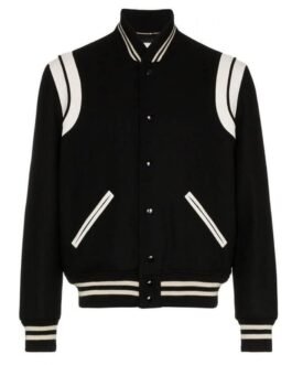 Men’s Black Wool Varsity Jacket with White Detailing
