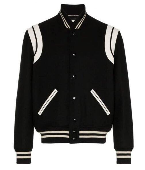 Men’s Black Wool Varsity Jacket with White Detailing