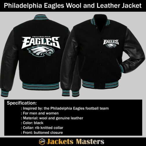 Philadelphia Eagles Black Wool and Leather Jacket - Image 5