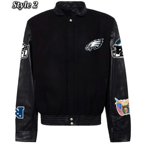 Philadelphia Eagles Black Wool and Leather Jacket - Image 2