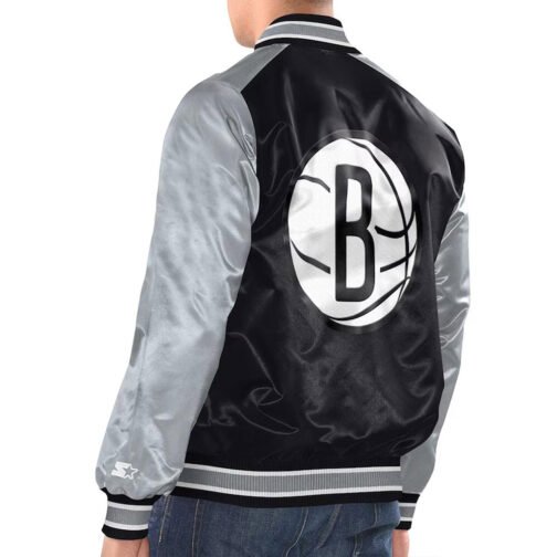Black/Silver Brooklyn Nets Renegade Varsity Satin Jacket - Image 2