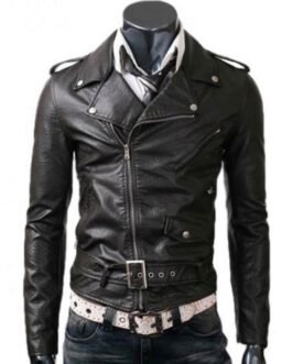 Men’s Asymmetrical Slim Fit Belted Black Leather Jacket