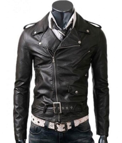 Men’s Asymmetrical Slim Fit Belted Black Leather Jacket