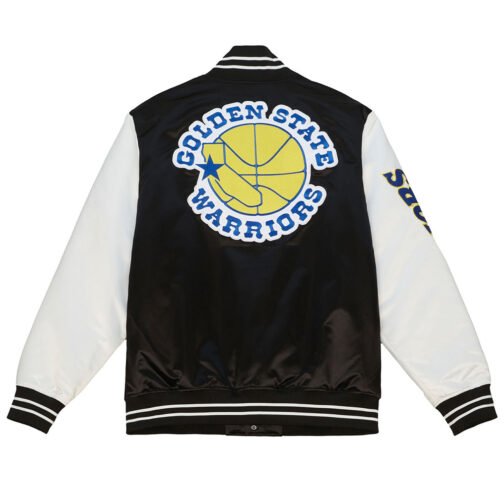 Golden State Warriors Team Origins Varsity Black/White Satin Jacket - Image 2