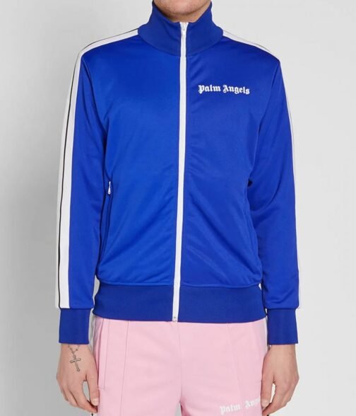Palm Angels Track Taped Zip Up Blue Jacket