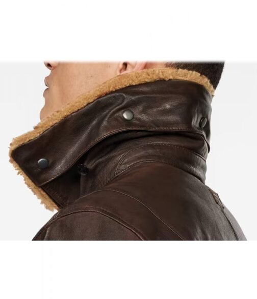 Bollard Leather Brown Jacket with Removable Fur Collar - Image 6