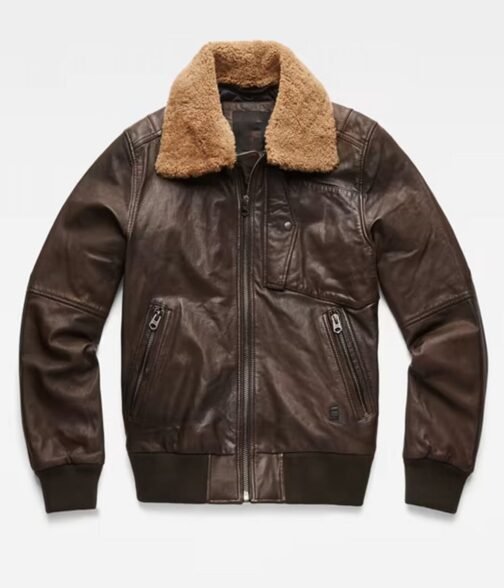 Bollard Leather Brown Jacket with Removable Fur Collar - Image 3