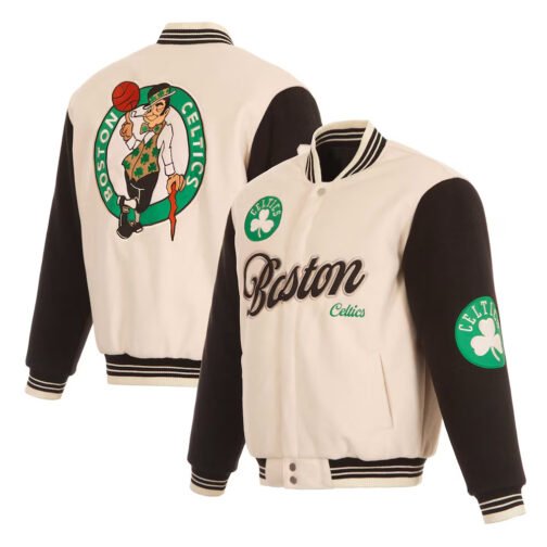 Boston Celtics Cream and Black Varsity Jacket - Image 3