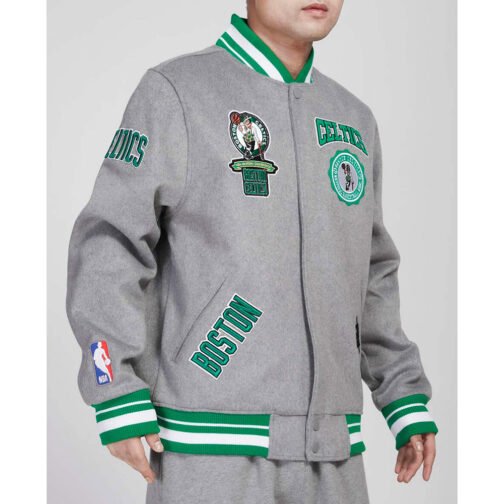 Boston Celtics Crest Emblem Heather Grey Varsity Wool Jacket - Image 3