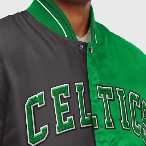 Boston Celtics Varsity Striped Green and Black Satin Jacket - Image 3