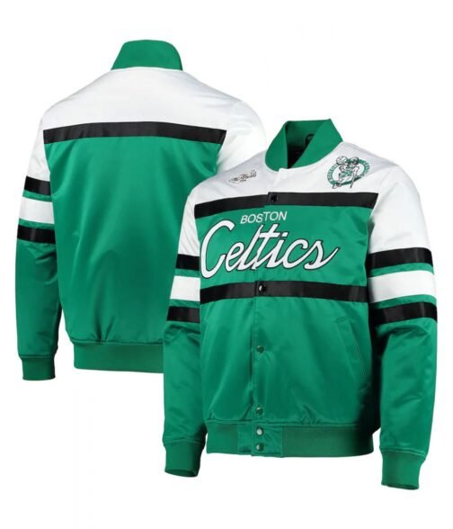 Hardwood Classics Script Boston Celtics Satin Kelly Green and White Jacketreen and White Jacket - Image 3