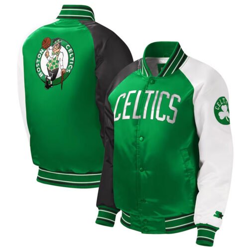 Youth Boston Celtics Raglan Kelly Green Varsity Satin Jacket - Image 3