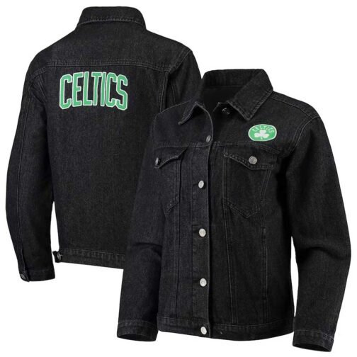 Boston Celtics Patch Black Denim Button-Up Jacket - Image 3