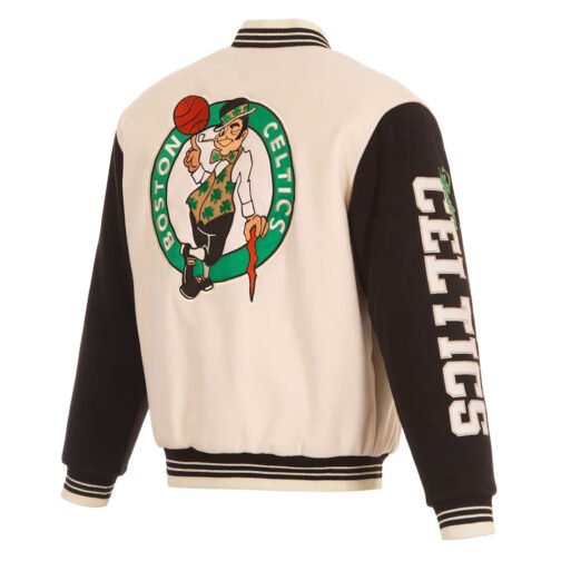 Boston Celtics Cream and Black Varsity Jacket - Image 2