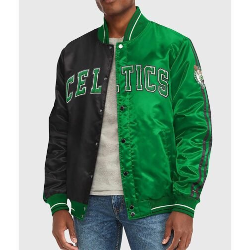 Boston Celtics Varsity Striped Green and Black Satin Jacket