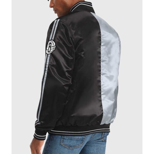 Brooklyn Nets Varsity Satin Gray and Black Jacket - Image 2