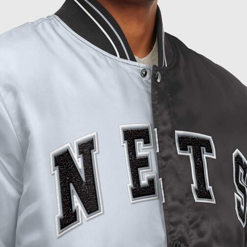 Brooklyn Nets Varsity Satin Gray and Black Jacket - Image 3