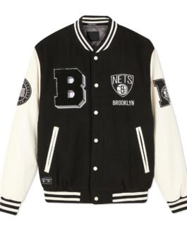Brooklyn Nets Varsity Black and Off White Jacket