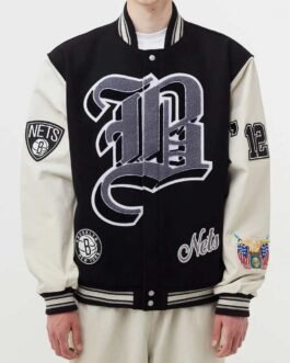 Brooklyn Nets 12 Letterman Black Wool and Leather Jacket