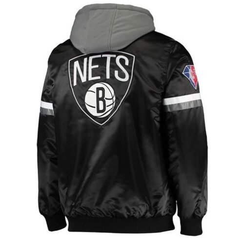 Brooklyn Nets Black Satin Jacket with Gray Hood - Image 2