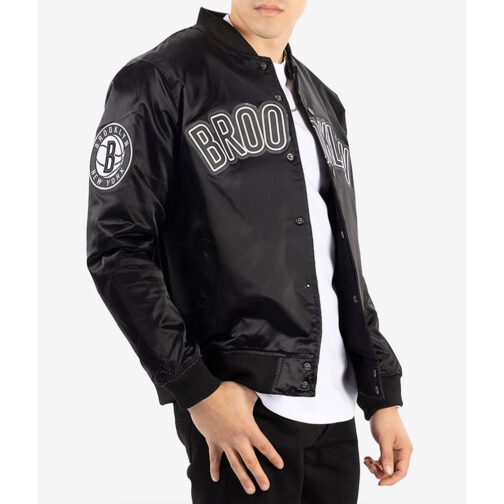 Brooklyn Nets Bomber Black Satin Jacket - Image 3