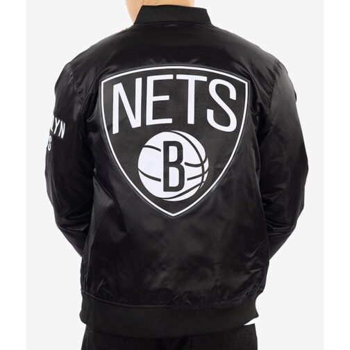 Brooklyn Nets Bomber Black Satin Jacket - Image 2