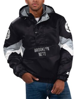 Force Play Brooklyn Nets Black Hoodie Half-Zip Satin Jacket