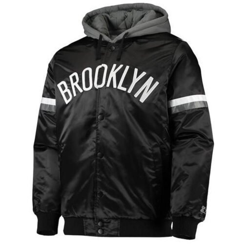 Brooklyn Nets Black Satin Jacket with Gray Hood
