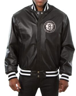 Varsity Brooklyn Nets Black Leather Jacket