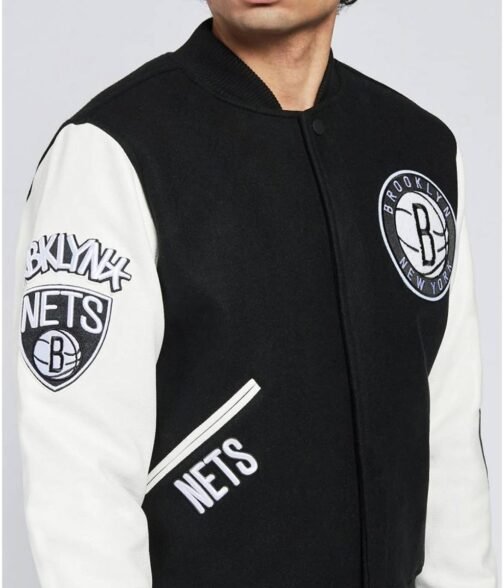 Brooklyn Nets Logo Black and White Letterman Jacket - Image 3