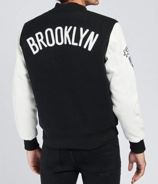 Brooklyn Nets Logo Black and White Letterman Jacket - Image 2