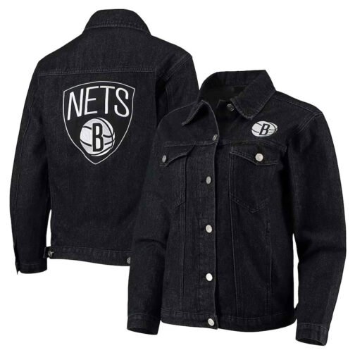 Black Brooklyn Nets Patch Button-Up Denim Jacket - Image 3