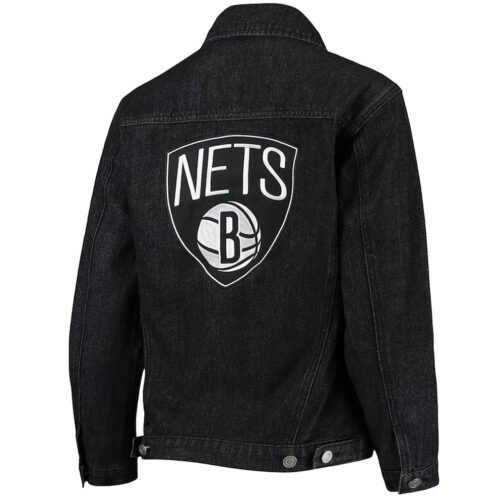 Black Brooklyn Nets Patch Button-Up Denim Jacket - Image 2