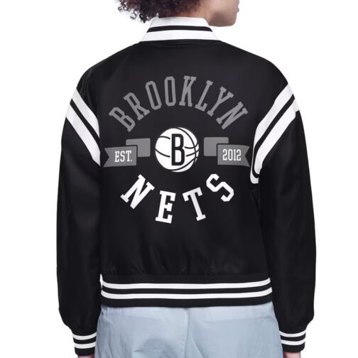 Brooklyn Nets Printed Logo Varsity Satin Jacket - Image 3