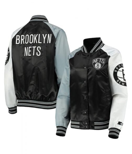 Brooklyn Nets Reliever Raglan Full-Snap Satin Black and Gray Jacket - Image 3