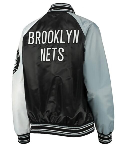 Brooklyn Nets Reliever Raglan Full-Snap Satin Black and Gray Jacket - Image 2