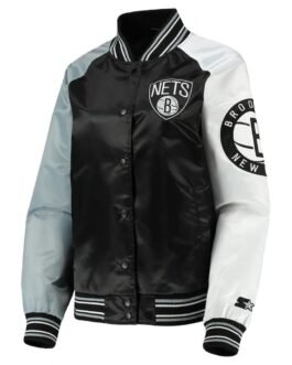 Brooklyn Nets Reliever Raglan Full-Snap Satin Black and Gray Jacket