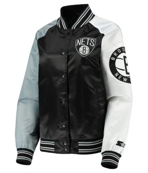 Brooklyn Nets Reliever Raglan Full-Snap Satin Black and Gray Jacket