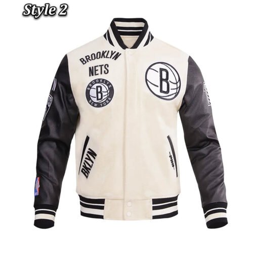 Brooklyn Nets Retro Classic Cream Varsity Jacket - Image 2