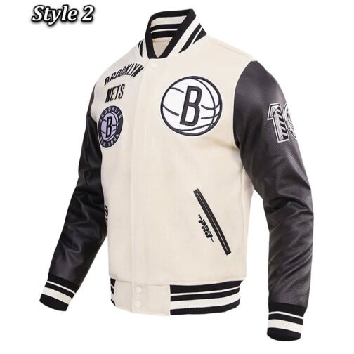 Brooklyn Nets Retro Classic Cream Varsity Jacket - Image 8