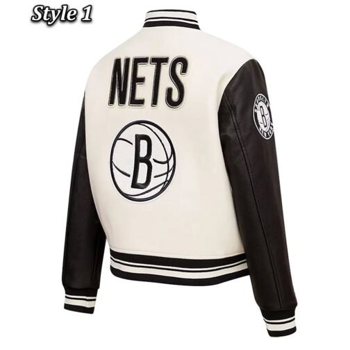 Brooklyn Nets Retro Classic Cream Varsity Jacket - Image 4