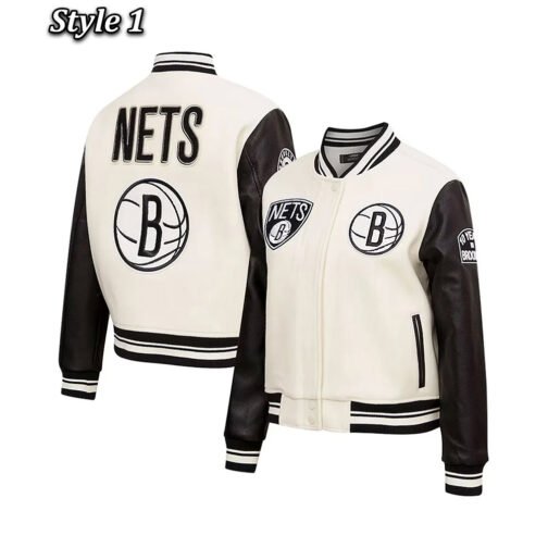 Brooklyn Nets Retro Classic Cream Varsity Jacket - Image 7