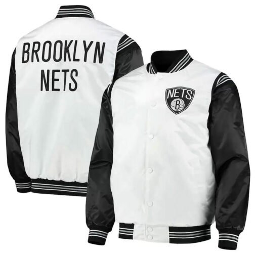 Brooklyn Nets White and Black Varsity Satin Jacket - Image 3